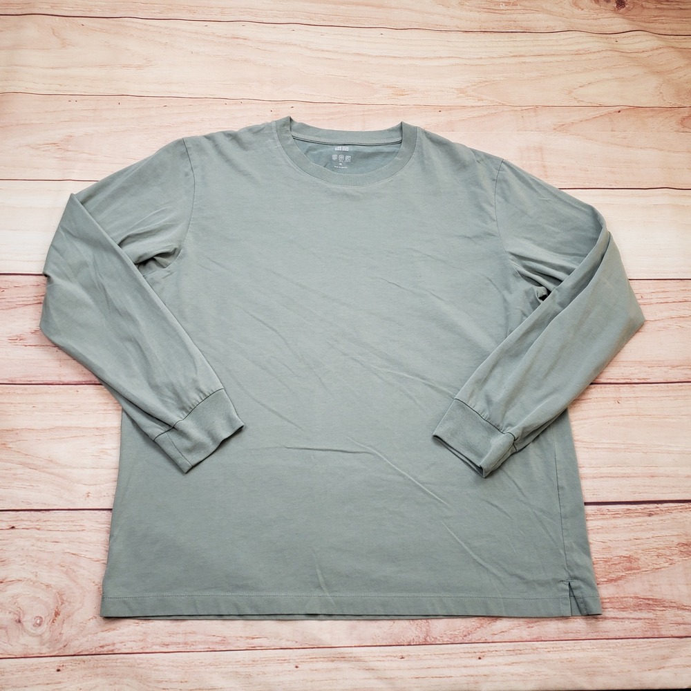 Uniqlo AIRism Shirt Mens Extra Large Green Cotton Crew Neck Long Sleeve T-Shirt